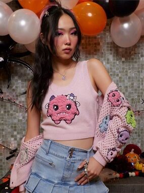 Hot Topic Sweet Society pink monster sweater vest skull bow alternative goth med